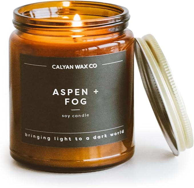 Calyan Wax Co. Soy Wax Candle, Aspen + Fog Scented Candle, 57 Hour Burn Time, Aromatherapy Soy Candles, Non Toxic & Vegan Soy Wax, Amber Glass Jar Scented Candles, 7.2oz