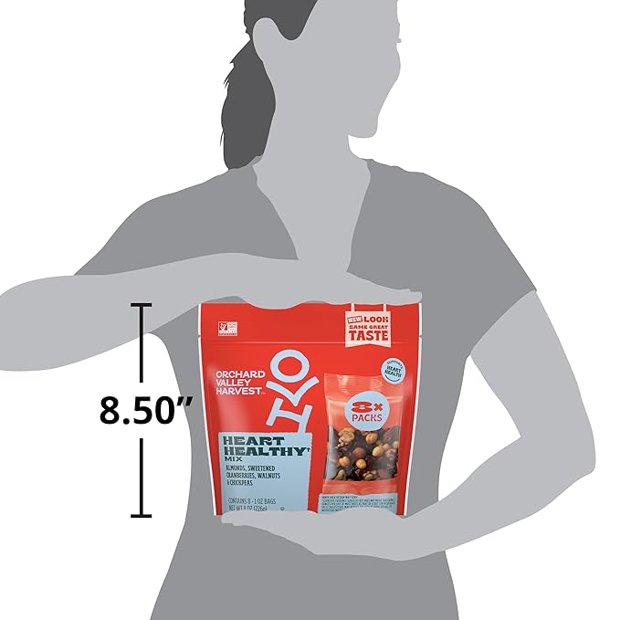 Orchard Valley Harvest Heart Healthy Blend, 1 Ounce Bags (Pack of 8), Almonds, Cranberries, Walnuts, and Chickpeas, Gluten Free, Non-GMO, No Artificial Ingredients, Healthy Snacks for Adults