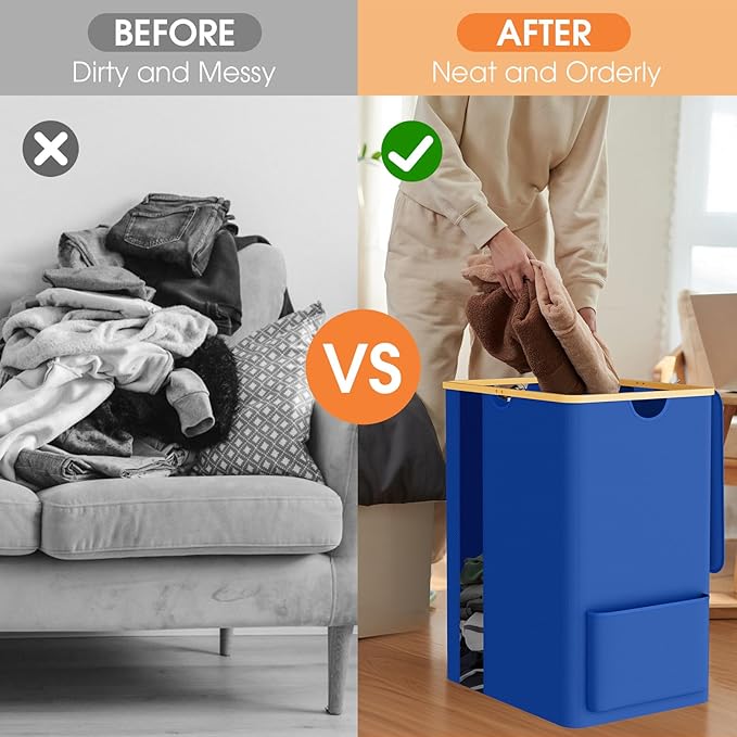 Laundry Basket Clothes Hamper with Lid and Pocket Large Collapsible Laundry Baskets with Handle, Blue Freestanding Hampers for Bedroom Aesthetic, Dorm, Bathroom, Laundry Room (150L)