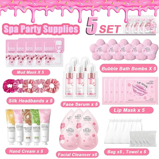 Spa Party Supplies for Women Girl,45pcs/5 Set Sleepover Party Favors With Facial Masks Skincare,Face Cleanser,Serum, Hand Cream,Lip Mask,Foot Bath Bombs,Gift for Spa,Sleepover,Birthday