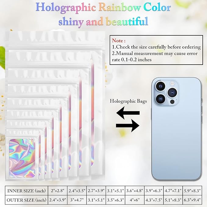 100 Pack Holographic Bags, Smell Proof Packaging Bag, Clear Window Resealable Odor Foil Pouch Mylar Bags for Food Storage and Lipgloss, Jewelry Lash (White, 2.4 x 3.9 Inch)