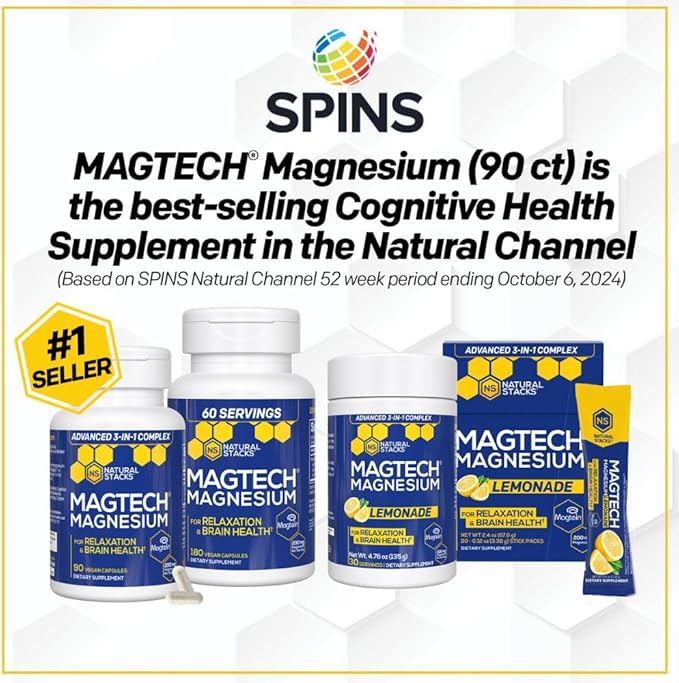 MagTech Magnesium Drink Mix - Sugar Free Lemonade - 3 Forms of Magnesium: Magtein L-Threonate, Glycinate & Taurate - 200mg Chelated Magnesium Complex - Supports Relaxation & Brain Health - 20 Servings