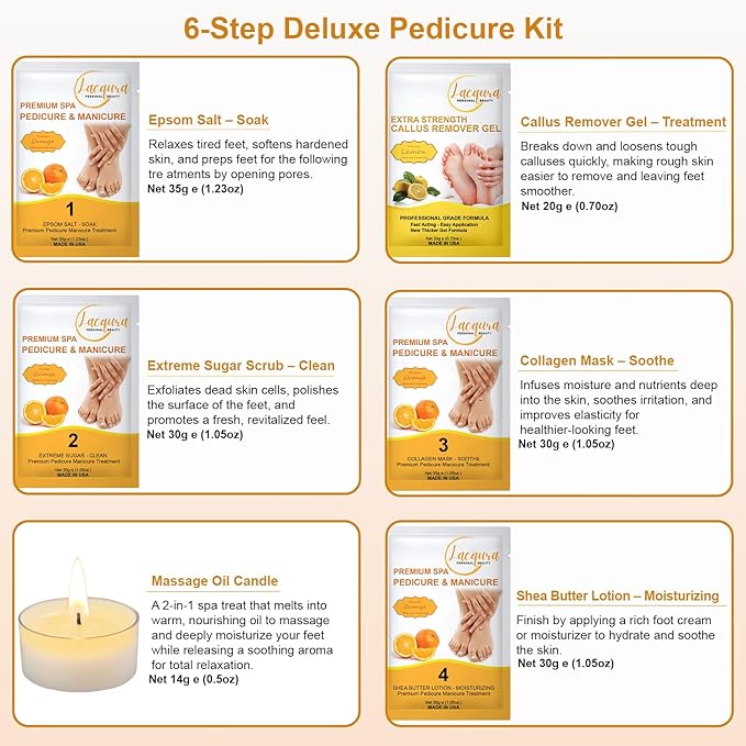 Deluxe Pedicure 6 Step in 1 Box – Epsom Salt, Callus Remover, Extreme Sugar Scrub, Collagen Mask, Massage Oil Candle & Shea Butter Lotion. (Orange 03 Set)