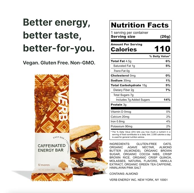 Verb Caffeinated Energy Bars S'mores (26g, Pack of 16) 110-Calorie Delicious Low Sugar Energy Bar - Vegan Gluten Free On-the Go Snack with 80mg Green Tea Caffeine, Only Real-Food Ingredients