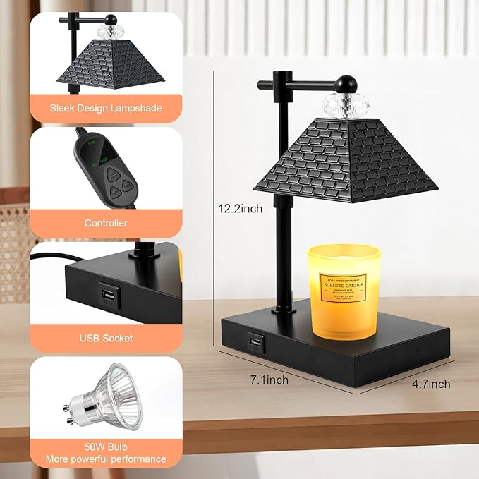 Candle Warmer lamp with Timer Dimmable,USB ChargingPortcandle Candle Lamps,Cute Candle Warmer Suitable for Home Decoration,Bedroom and Living Room decoratio(Black)