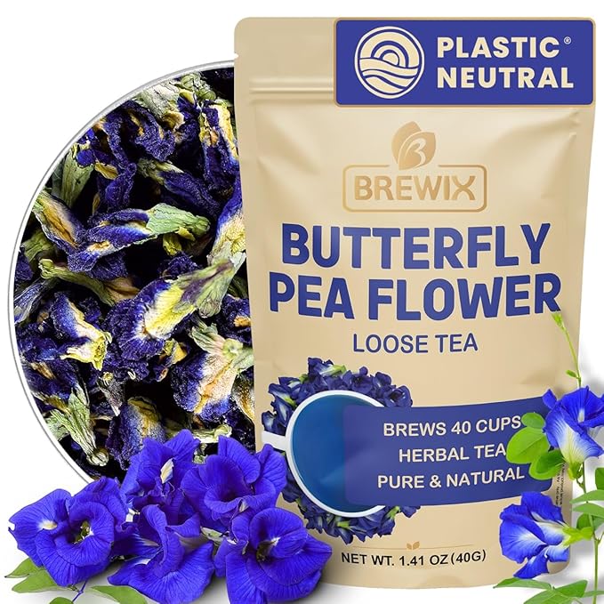 BREWIX, Butterfly Pea Flower Herbal Tea Loose Leaf (40+ Cups,1.41oz/40g) | Caffeine Free | Premium Dried Butterfly Pea Flowers For Blue & Purple Drinks, Food Coloring