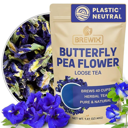 BREWIX, Butterfly Pea Flower Herbal Tea Loose Leaf (40+ Cups,1.41oz/40g) | Caffeine Free | Premium Dried Butterfly Pea Flowers For Blue & Purple Drinks, Food Coloring