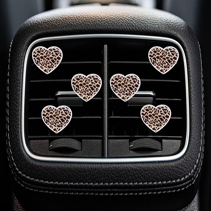 6Pcs Leopard Heart Car Air Freshener Clips - Fashion Animal Print Vent Decor Accessories, Long-Lasting Scent Diffusers for Women Girls, Cute Auto Interior Charms