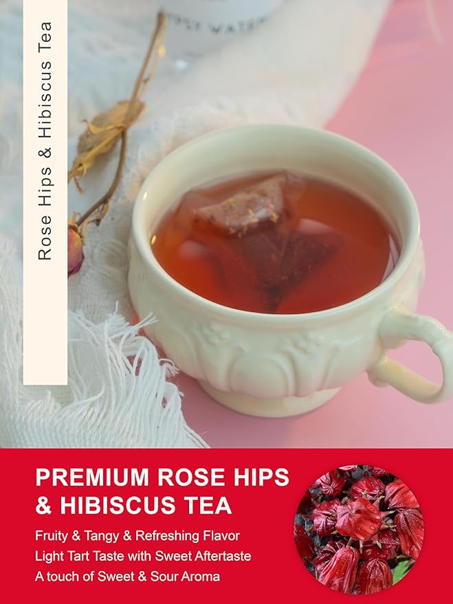 TeeLux Rosehip & Hibiscus Tea Bags, 2.5g/bag, Slight Tart Taste & Fruity Flavor, Caffeine Free, 60 Count