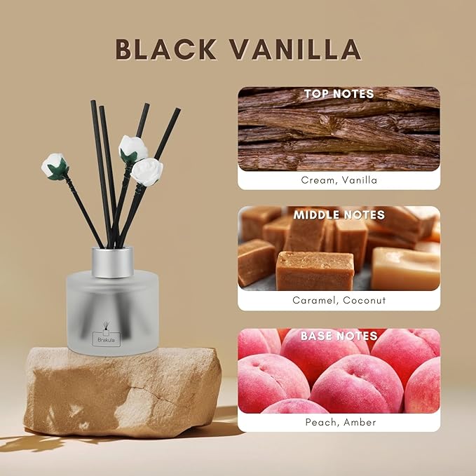 Brakula Reed Diffuser Set Black Vanilla Scented, Reed diffusers for Home, Home Fragrance Diffuser with 7 Reed Sticks for Room/Bathroom Decor 3.38 fl oz(Black Vanilla)