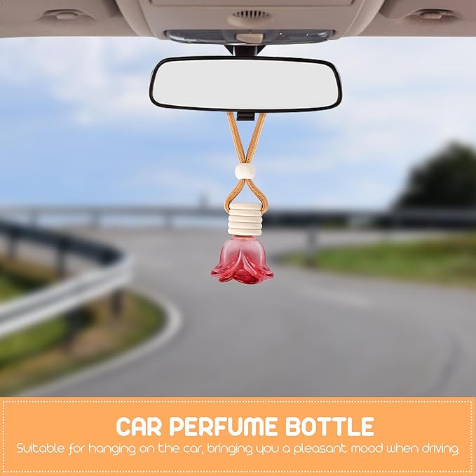 6Pcs Flower Car Air Freshener Diffuser, Hanging Rose Perfume Bottle Refillable Essential Oil Pendant for Auto & Home Decor (Red)