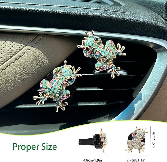 Frog Car Decor,2pcs Tree Frog Car Air Freshener Vent Clips,Cute Dashboard Decorations for Women Teens,Refillable Outlet Diffusers,Alloy Coloful Rhinestones Charm