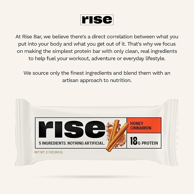 Rise Whey Protein Bars - Honey Cinnamon | Breakfast Bar & Protein Snack 18g Protein 4g Fiber Just 5 Whole Food Ingredients Gluten-Free Soy Free