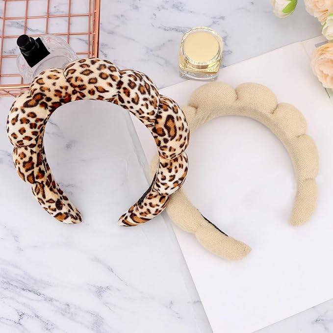 AMCAMI 2 PCS Puffy Spa Headband for Women Sponge Headbands for Girls Terry Towel Cloth Fabric Head Band for Face Washing (Brown & leopard print)