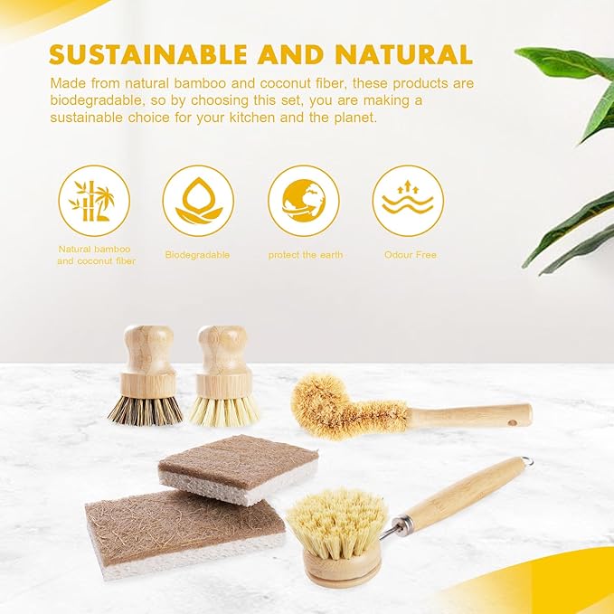 6 Piece Bamboo Dish Brush Set with Coconut Sponge - Wooden Dish Brush with Sisal and Palm Fiber, Natural Bamboo Dish Scrub Brush for Kitchen Cleaning Dishes, Pots, Pans, Bottles, Vegetables