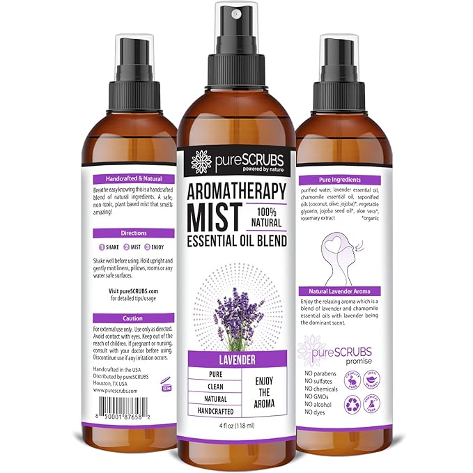 Shake, Mist & Enjoy - pureSCRUBS Premium Lavender Aromatherapy Spray Mist for Room, Body, Linens, Pillows 100% Natural Essential Oils Plant Based Formula, One 4oz Bottle