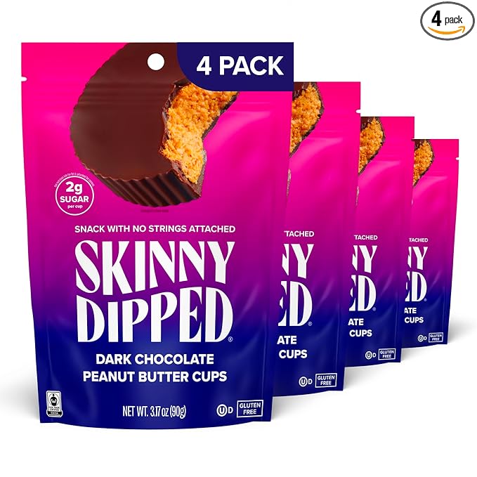 SkinnyDipped Dark Chocolate Peanut Butter Cups, 2g Sugar per Cup, Keto Friendly, Low Carb, Gluten Free, 3.2oz, 4 Pack (24 Cups Total)