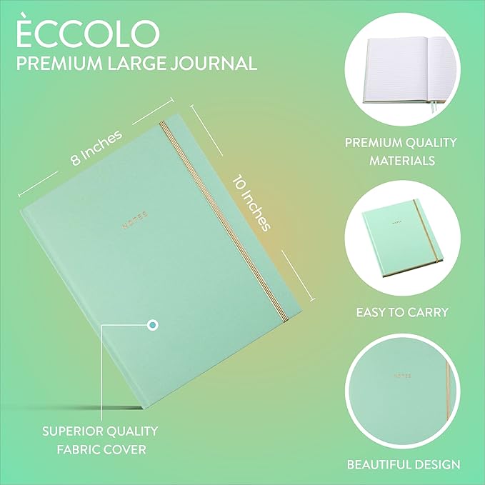 WORLD TRAVELER Eccolo Large Lined Journal Notebook, Fabric Hardcover, Writing Journal, 256 Ruled White Pages, Gilded Edge, Elastic Band, 3 Ribbon Bookmarks, Lay Flat (Mint, 8x10 inches)