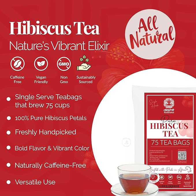 Premium Hibiscus Tea - 75 TeaBags, Te de Hibisco, 100% Natural Hibiscus Flowers, Herbal Tea, Caffeine Free, Non-GMO, Sugar-free. Perfect for Hot or IcedTea. by Akshit