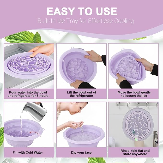 Face Bowl for Ice with Built-in Ice Tray – Collapsible Silicone Facial Ice Bath Bowl for Cold Plunge Therapy, Acne Relief & Skin Tightening – Purple Home, Camping & Travel Portable Spa Tool