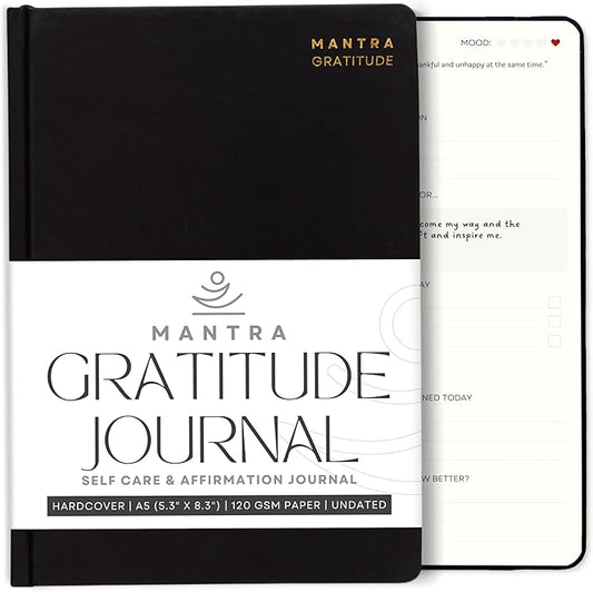 Gratitude Journal For Women & Men - Mental Health, Self Love & Self Care Journal - Black - 5.8" x 8.3" - Mantra Planner