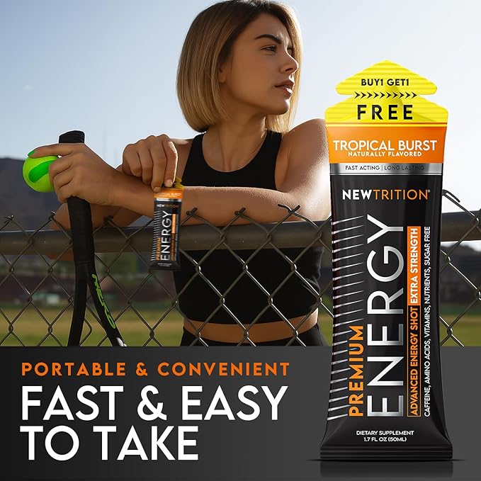 NewTrition® Extra Strength Energy Shots, 250mg Caffeine Shots with Vitamin B & Amino Acids, Sugar-Free Vitamin Energy Shot, 1.7 fl oz (Pack of 24, Tropical Burst)