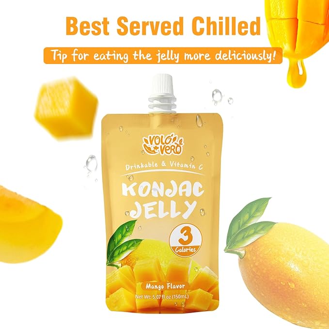VOLO VERO Konjac Jelly Squeeze Pouch Mango Flavor, Low Calories (3 Kcal), 10 Packs, Gluten Free & Vegan, 0 Sugar, Keto, Low Carb, Drinkable Vitamin C Healthy Fruit Snacks, Holiday Gifts