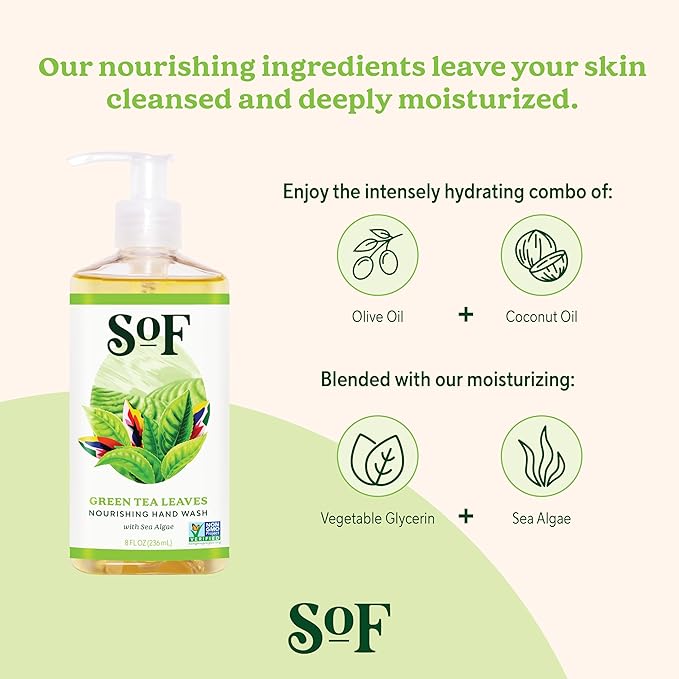 SoF Nourishing Hand Wash - With Moisturizing Sea Algae, Coconut & Olive Oil- Vegan & Non GMO- Free From Phthalates, Sulfates & Parabens- Green Tea Leaves - 8 oz Bottle 3 Pack