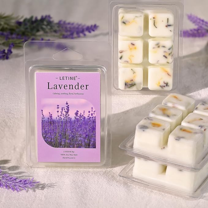 LETINE Wax Melts 10oz(4 Pack), Lavender Scented Wax Melts, 100% Soy Wax Melts Wax Cubes with All- Natural Strong & Non Toxic Essential Oil for Warmer, Gifts Set for Home Fragrance/Spa/Aromatherapy