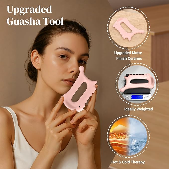 Upgraded 6-in-1 Ceramic Body Massage Tool,Korean Manual Guasha Facial Massage for Face Lift, Muscle Relief Scraping Tool, Skin Care Gift Gift for Friend, Wife,Pink
