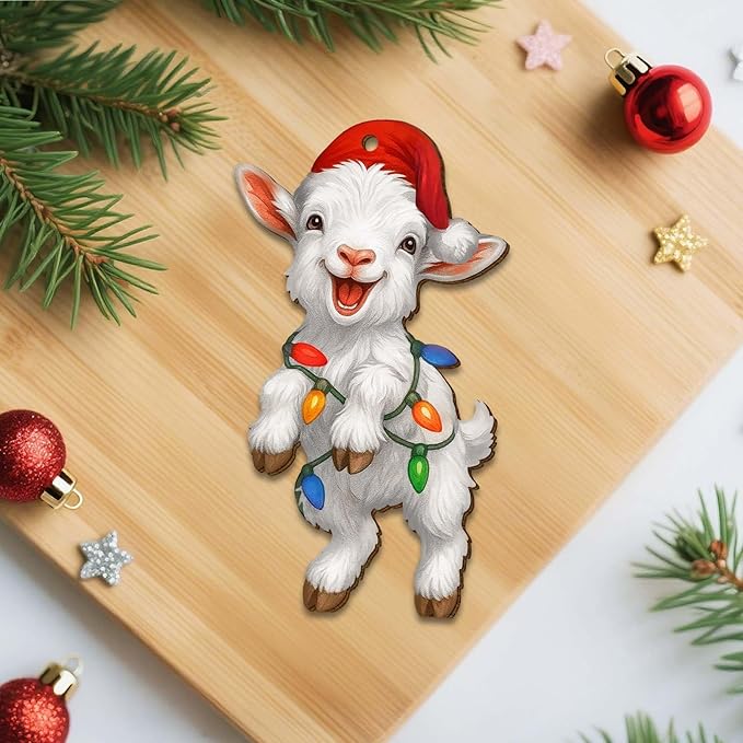 2 Side Printed Flat Christmas Wooden Ornaments, Animal Keepsake Hanging Tree Decoration, Cute Goat Ornament