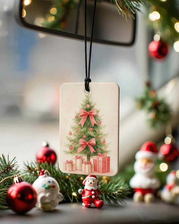 Pink Christmas Berry Car Air Freshener 4 Pcs, Coquette Pink Bow Xmas Tree Candle Reindeer Bell Hanging Air Freshener for Cars Closet Drawer Books, Girly Car Accessories Mirror Decor for Women