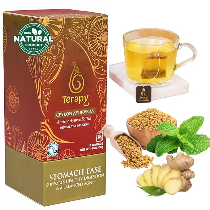 Tรฉrapy Ceylon Stomach Ease Herbal Tea Bags | Soothes Stomach & Supports Healthy Digestion | All Natural Ayurvedic Ingredients Including Peppermint, Ginger, Licorice | 18 Individually Wrapped Tea Bags