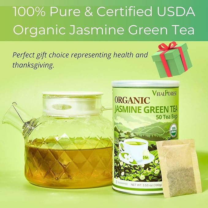 Organic Jasmine Green Tea Bags| 50 Count Unbleached ECO-Conscious Jasmine Tea Bags| VitalForest Te Verde Organico Natural Green Tea Loose Leaf| Canister Pack for Freshness