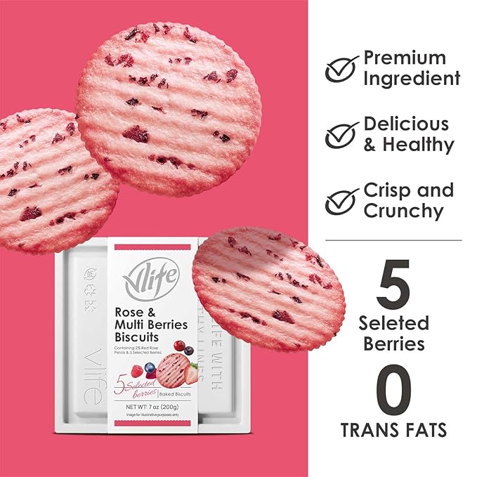 V-LOONG Rose & Multi Berries Biscuits, Vlife Baked Round Crackers, Sweet and Crispy Snacks, (1 PACK,7 Ounce)