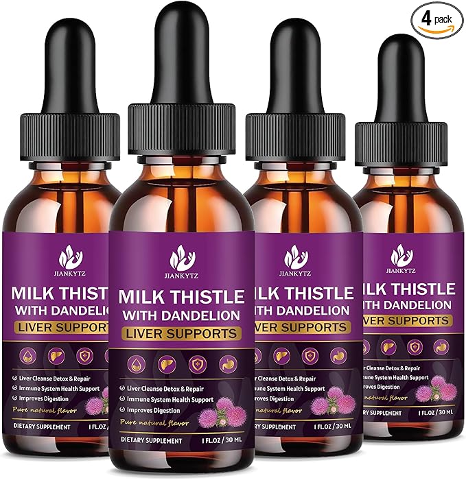 (4 Pack) Milk Thistle Supplement for Liver Cleanse Detox & Repair, Liver Detox Drops with Organic Milk Thistle Seed, Artichoke Extract, Dandelion, Turmeric and Vegan, Non-GMO, Gluten-Free, 1 Fl Oz
