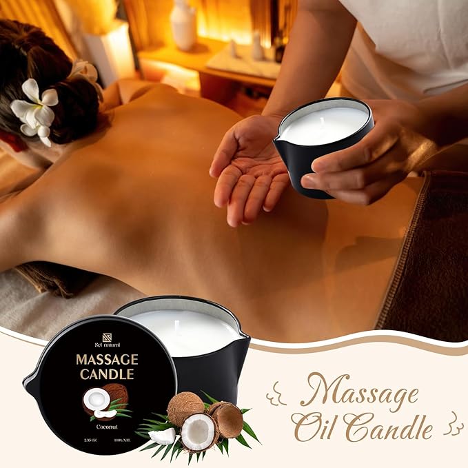 3 Pack Massage Oil Candles 2.35oz Low Temp Massage Candles 3 Scent Vanilla, White Tea, Coconut Spa Therapy Body Oil Home Gift for Relaxation, Couples, or Self-Care (Vanilla, White Tea, Coconut)