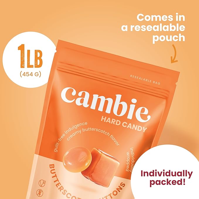 Cambie Sugar Free Butterscotch Hard Candy – 1 lb of Individually Wrapped Sugar Free Hard Candy, Smooth & Creamy Butterscotch Buttons, Keto & Diabetic Friendly
