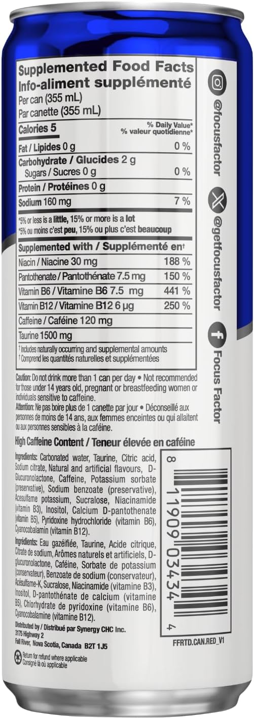 Focus Factor Energy Drink - 12 x 355ml Cans (Fruit Punch Flavour) - with Focus + Energy - Lightly Carbonated, Sugar Free, Low Calorie with Vitamin B6 & Vitamin B12