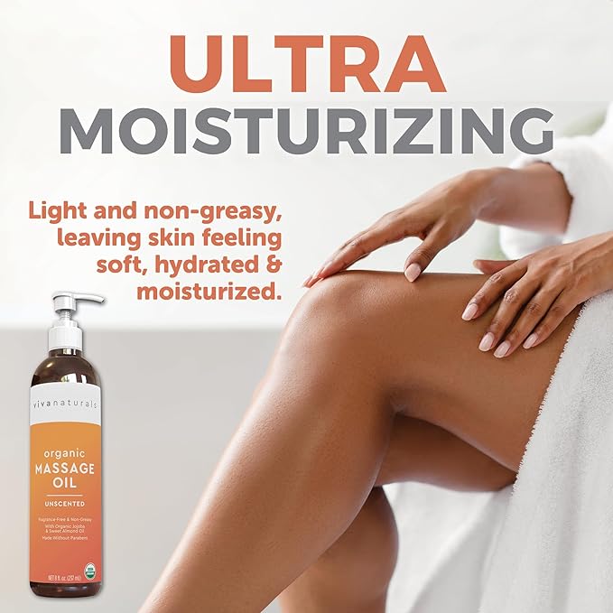 Viva Naturals Organic Massage Oil Unscented (8 fl. oz.) - Non-Greasy Body Oil with Mess-Free Pump, Moisturizing Massage Oils for Massage Therapy, Non-GMO and Certified Organic, 237 mL