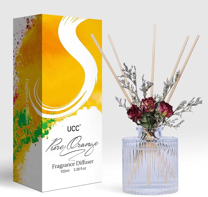UCC Reed Diffuser Set, 3.38 oz Pure Orange Premium Scented Diffuser with Flower Sticks Home Fragrance Reed Diffuser for Bathroom Shelf Decor