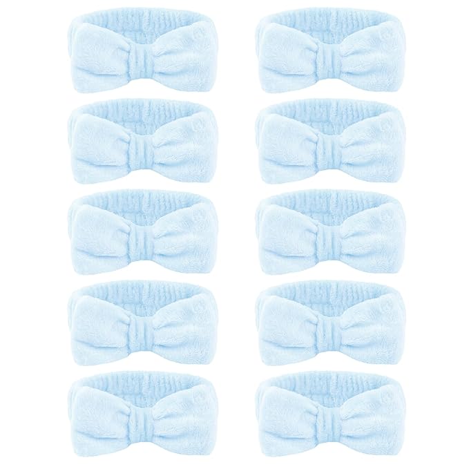 10 Pack Spa Headband for Washing Face Blue Skincare Headbands Bulk for Women Girls Soft Coral Fleece Hairband Cute Bow Headbands for Washing Face Makeup