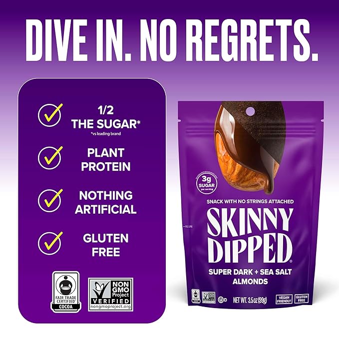SkinnyDipped Super Dark Chocolate + Sea Salt Almonds, Vegan, Healthy Snack, Plant Protein, Gluten Free, 3.5 oz Resealable Bags, Pack of 1