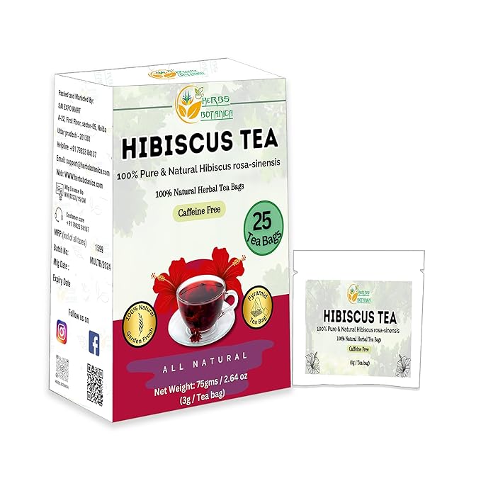 Herbs Botanica Hibiscus Tea Natural Tea Bags, 25 Count, 100% Pure and Natural, Promotes Healthy Skin, Boosts Immune System, Supports Digestive Health, Caffeine-Free