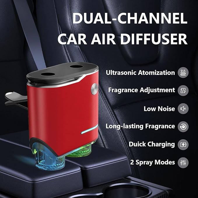 Smart Car Air Freshener, Dual-Channel Diffuser, Long-Lasting Scent Air Freshener Three Adjustable Modes, Aromatizante Para Carro With 4pcs Aromatherapy Oil Oils Rechargeable Intelligent Red