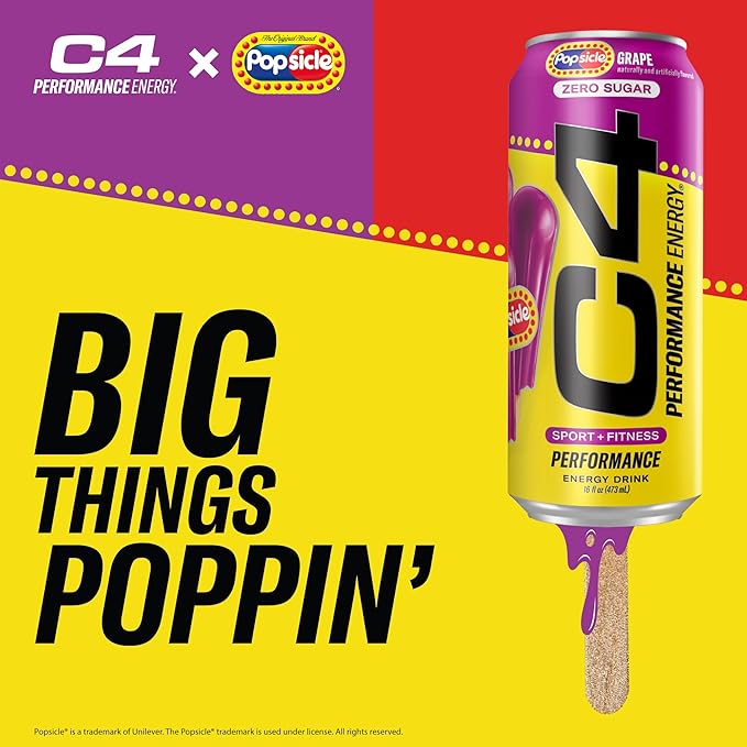 Cellucor C4 Energy Drink x Grape Popsicle, Carbonated Sugar Free Pre Workout Performance Drink with no Artificial Colors or Dyes, 16 Oz, Pack of 24