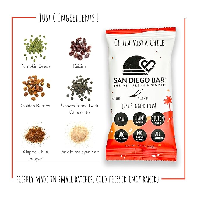 San Diego Bar-Chula Vista Chile | Chile Mild Heat | RAW & Vegan Protein Bars | Sugar-Free | Gluten Free | Breakfast Bars | Energy Bars | Snack Bars | 6 Whole Food Ingredients | 10g Plant-Based Protein