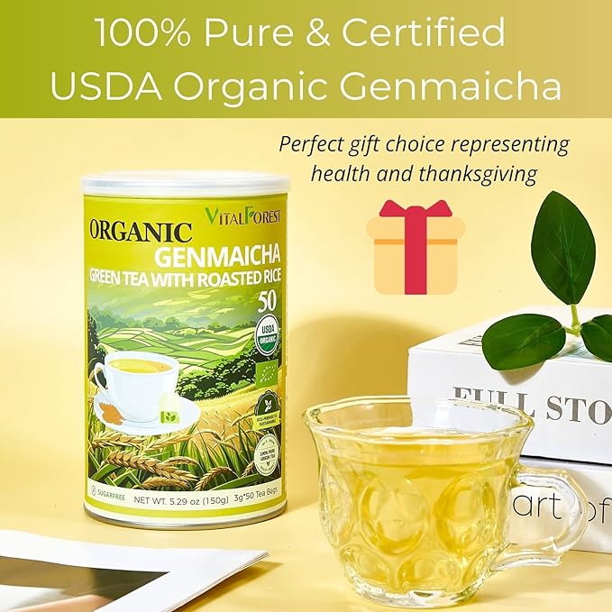 5.29oz Organic Genmaicha Green Tea with Roasted Rice, 50 Count, Unbleached, ECO-Conscious Genmaicha Tea Bags, VitalForest Roasted Green Tea Brown Rice Tea