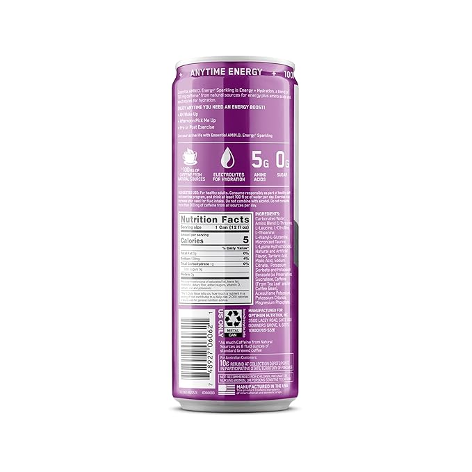 Optimum Nutrition Amino Energy Sparkling Hydration Drink, Electrolytes, Caffeine, Amino Acids, BCAAs, Sugar Free, Grape, 12 Fl Oz, 12 Pack (Packaging May Vary)