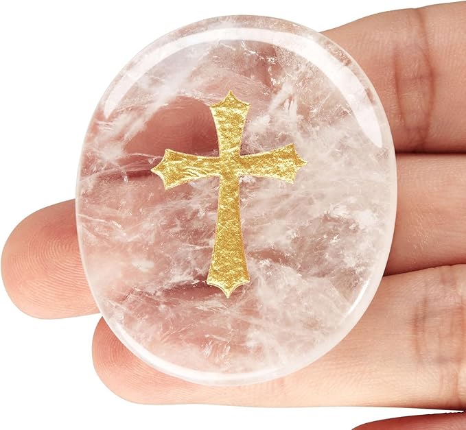 LAIDANLA Clear Quartz Cross Engraved Healing Crystal Worry Stones for Pray Faith Anxiety Relief Oval Palm Stone Polished Natural Crystal Gifts